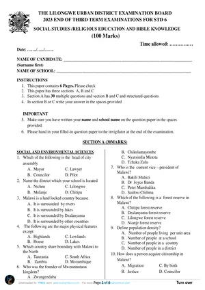 2023 Lilongwe Urban Standard 6 Term 3 Social and Religious Studies Past Paper - Preview