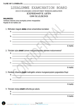 2023 Lusalumwe Standard 4 Term 3 Expressive Arts Past Paper - Preview