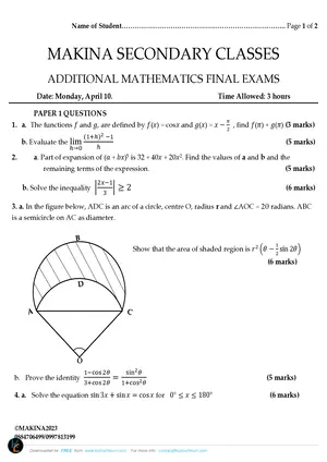 2023 MAKINA Class MSCE Additional Mathematics Mock - Preview