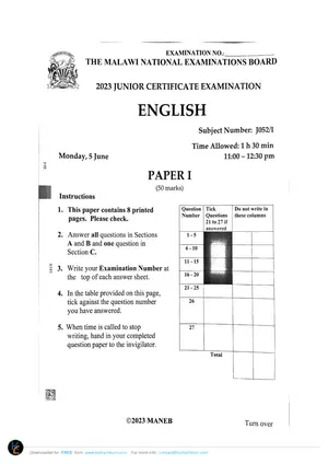2023 MANEB JCE English Paper I Past Paper - Preview