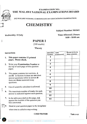 2023 MANEB MSCE Chemistry Paper I - Preview