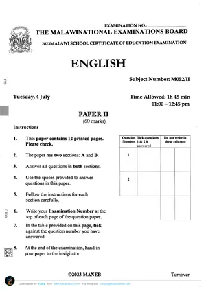 2023 MANEB MSCE English Paper II Past Paper - Preview