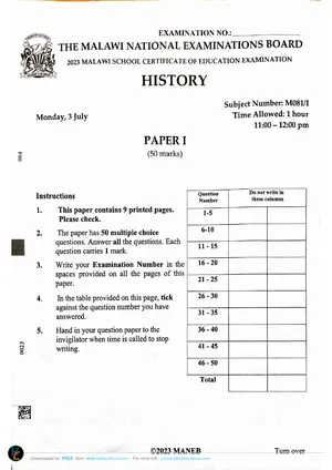 2023 MANEB MSCE History Paper 1 Past Paper - Preview