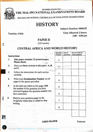 2023 MANEB MSCE History Paper 2 Past Paper - Preview