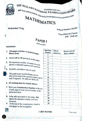 2023 MANEB MSCE Mathematics Paper I - Preview