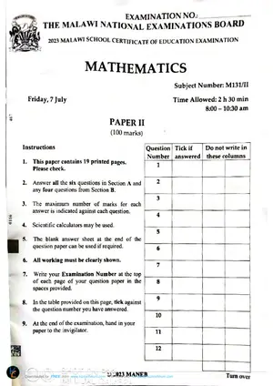 2023 MANEB MSCE Mathematics Paper II - Preview