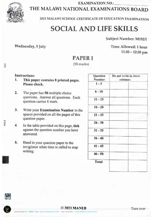 2023 MANEB MSCE Social & Life Skills Paper 1 Past Paper - Preview
