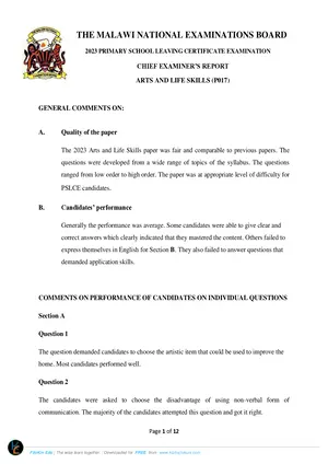 2023 MANEB PSLCE Arts and Life Skills Chief Examiners Report - Preview