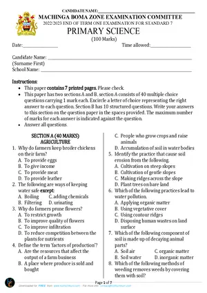 2023 Machinga Boma Standard 7 Term 1 Primary Science Past Paper - Preview