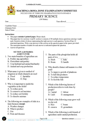 2023 Machinga Boma Zone Standard 8 Term 1 Primary Science - Preview