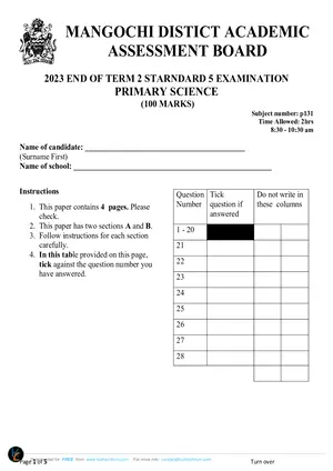 2023 Mangochi District Standard 5 Term 2 Primary Science - Preview