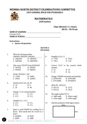 2023 Mzimba North Standard 6 Term 3 Mathematics Past Paper - Preview