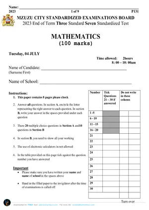 2023 Mzuzu City Standard 7 Term 3 Mathematics Past Paper - Preview