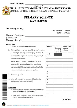 2023 Mzuzu City Standard 7 Term 3 Primary Science Past Paper - Preview