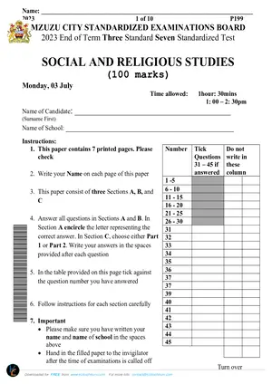2023 Mzuzu City Standard 7 Term 3 Social and Bible Knowledge Past Paper - Preview