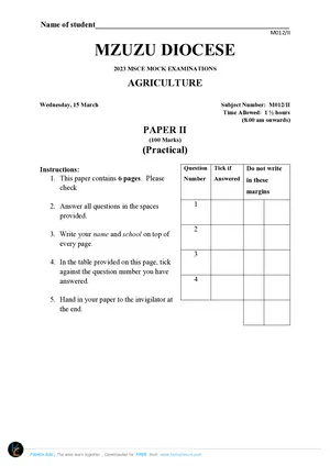 2023 Mzuzu Diocese MSCE Agriculture Paper II Question Paper - Preview