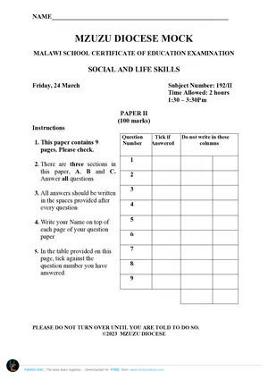 2023 Mzuzu Diocese MSCE Social & Life Skills Paper II - Preview
