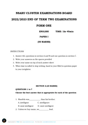 2023 Nsaru Cluster Form 1 Term 2 English Paper I Question Paper with Answers - Preview