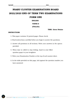 2023 Nsaru Cluster Form 1 Term 2 English Paper II Question Paper - Preview