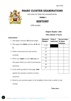 2023 Nsaru Cluster Form 1 Term 2 History Question Paper with Answers - Preview