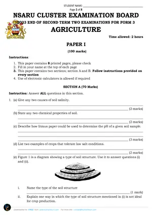 2023 Nsaru Cluster Form 3 Term 2 Agriculture Paper I with Answers - Preview