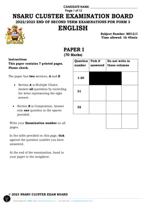 2023 Nsaru Cluster Form 3 Term 2 English Paper I Examination - Preview