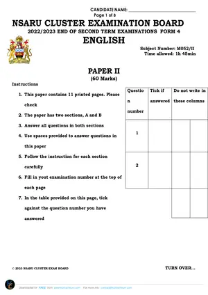 2023 Nsaru Cluster Form 3 Term 2 English Paper II - Preview