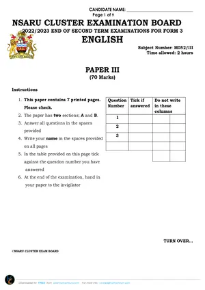 2023 Nsaru Cluster Form 3 Term 2 English Paper III Examinations - Preview