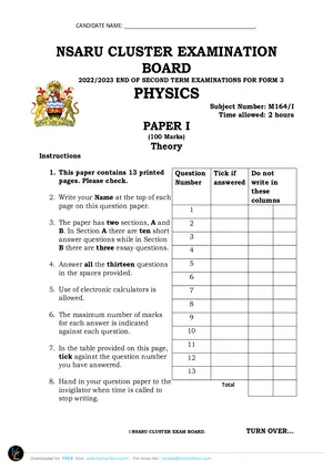 2023 Nsaru Cluster Form 3 Term 2 Physics Paper I Theory Paper - Preview