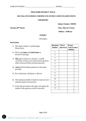 2023 Phalombe MSCE Chemistry Paper I Mock - Preview
