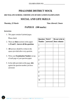 2023 Phalombe MSCE Social & Life Skills Paper II - Preview