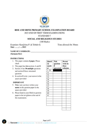 2023 RISE AND SHINE Standard 7 Social & Bible Knowledge Exams - Preview