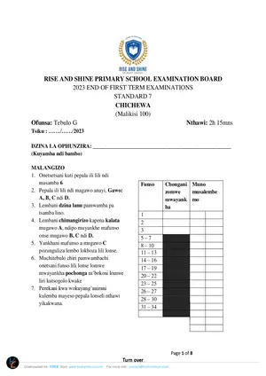 2023 RISE AND SHINE Standard 7 Term 1 Chichewa Mayeso - Preview
