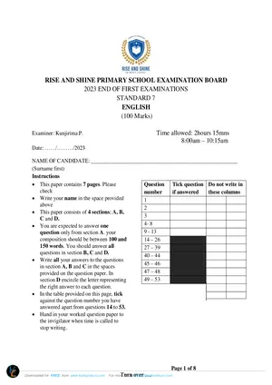 2023 RISE AND SHINE Standard 7 Term 1 English Exams - Preview