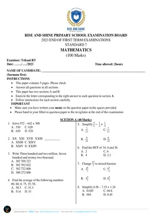 2023 RISE AND SHINE Standard 7 Term 1 Mathematics Exams - Preview