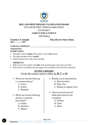2023 Rise and Shine Private Standard 4 Term 1 Agriculture Past Paper - Preview