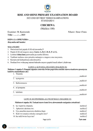 2023 Rise and Shine Private Standard 4 Term 1 Chichewa Past Paper - Preview