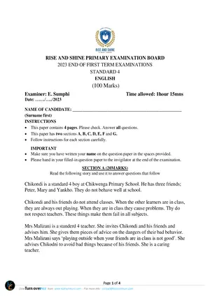 2023 Rise and Shine Private Standard 4 Term 1 English Past Paper - Preview