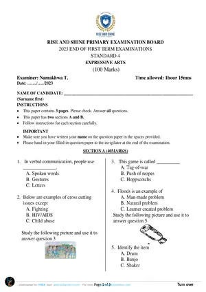 2023 Rise and Shine Private Standard 4 Term 1 Expressive Arts Past Paper - Preview