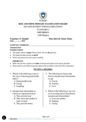 2023 Rise and Shine Private Standard 4 Term 1 Life Skills Past Paper - Preview
