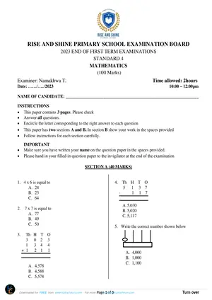 2023 Rise and Shine Private Standard 4 Term 1 Mathematics Past Paper - Preview