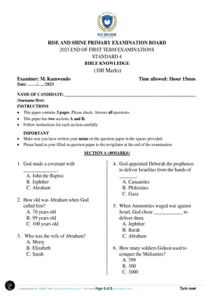 2023 Rise and Shine Private Std 4 Term 1 Bible Knowledge Past Paper - Preview
