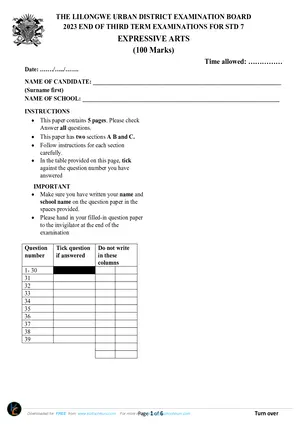 2023 Standard 7 Lilongwe Term 3 Arts and Life Skills Past Paper - Preview