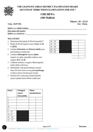 2023 Standard 7 Lilongwe Term 3 Chichewa Past Paper - Preview