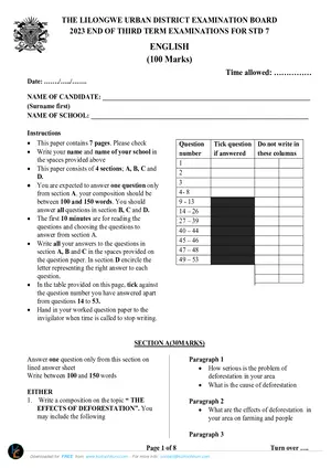 2023 Standard 7 Lilongwe Term 3 English Past Paper - Preview
