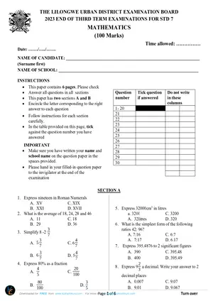 2023 Standard 7 Lilongwe Term 3 Mathematics Past Paper - Preview