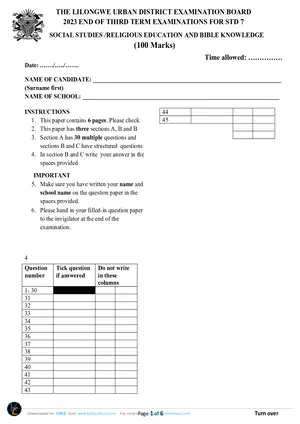 2023 Standard 7 Lilongwe Term 3 Social and Religious Studies Past Paper - Preview