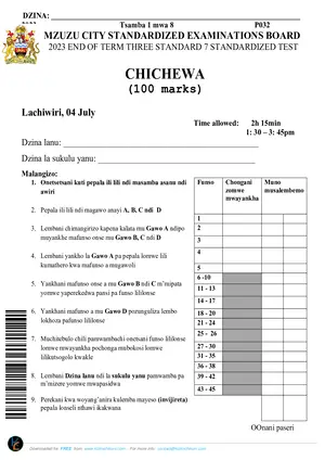 2023 Standard 7 Mzuzu City Term 3 Chichewa Past Paper - Preview