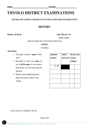 2023 Thyolo District MSCE History Mock Paper 1 - Preview