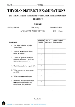 2023 Thyolo District MSCE History Mock Paper II - Preview